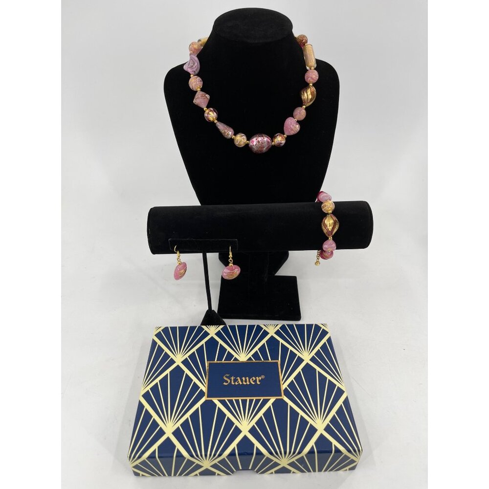 Stauer Rosa Murano Glass Beaded‎ Necklace Earrings Set Gold Accents Parure